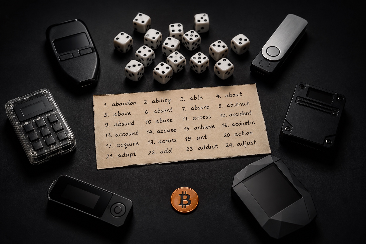 Dice, a handwritten seed word list, and hardware wallets that have no dice mode
