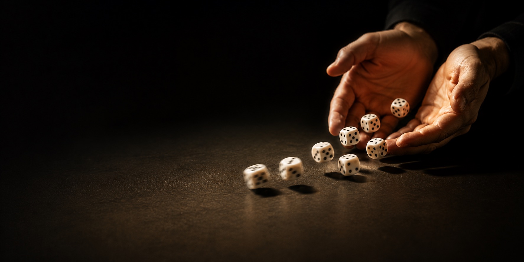 Hands rolling white dice across a dark table