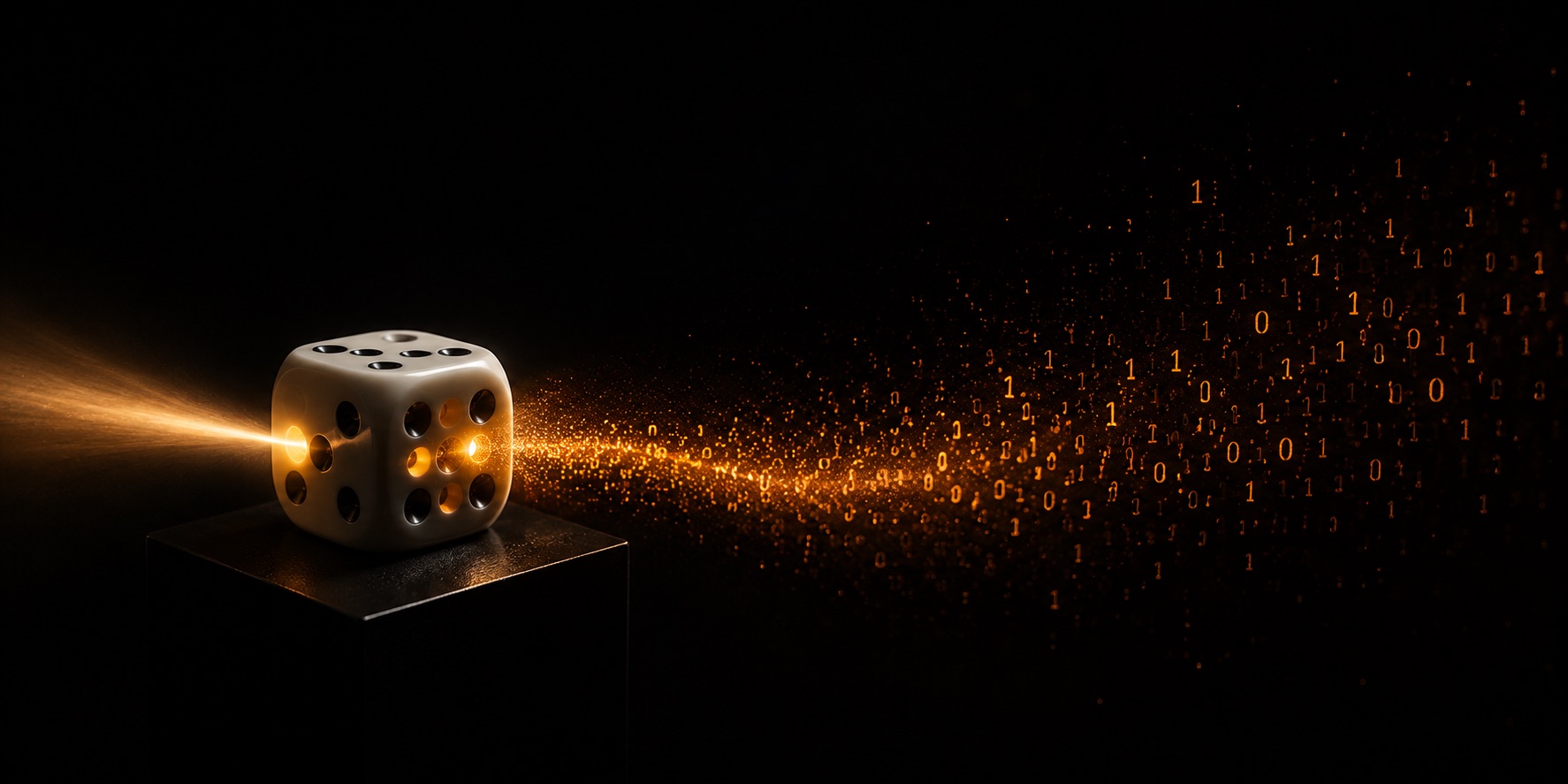 A single die on a pedestal throwing a beam of light that scatters into binary digits